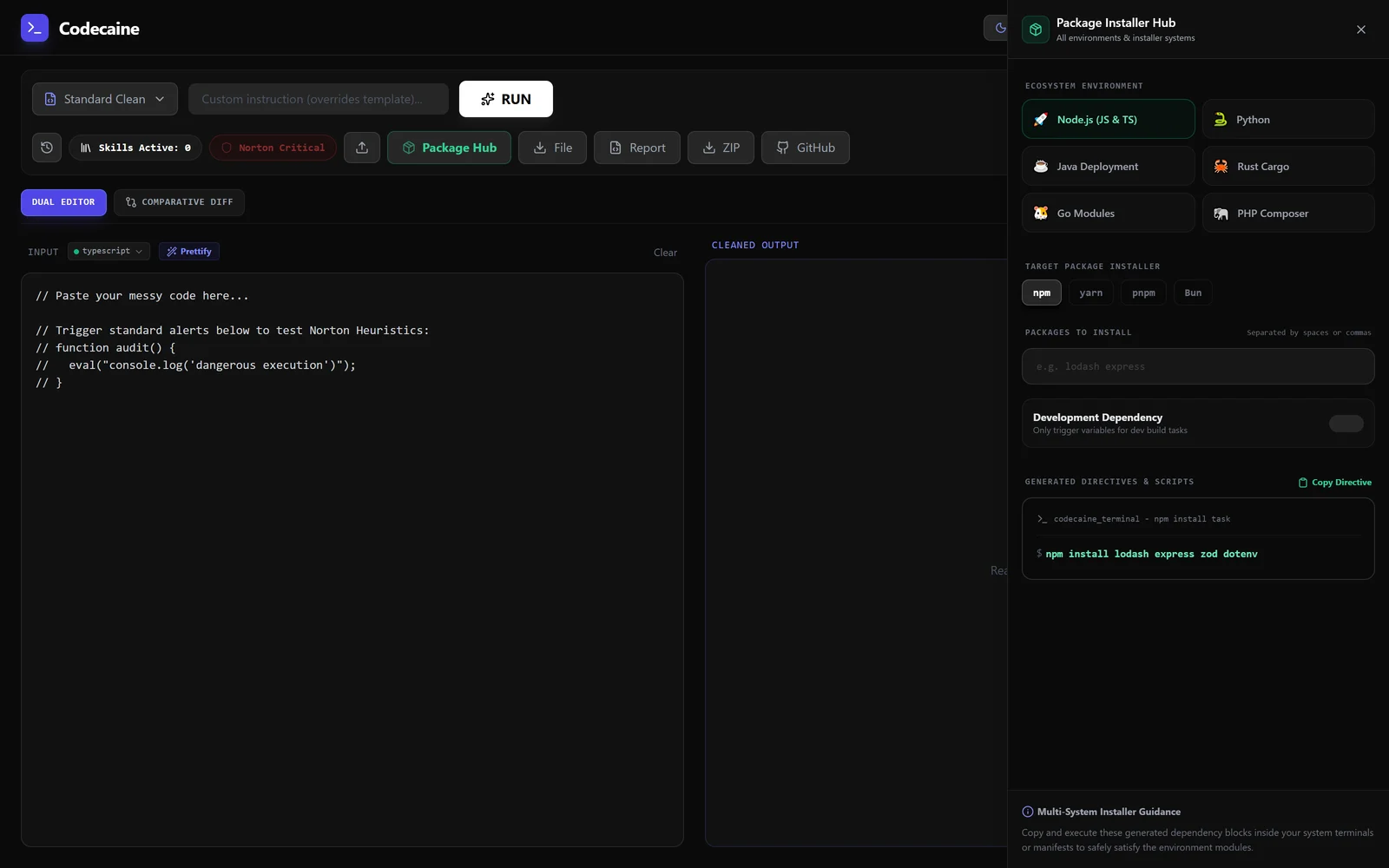 A slide-over panel titled Package Installer Hub with Node.js, Python, Java Deployment, Rust Cargo, Go Modules and PHP Composer, an npm, yarn, pnpm and Bun selector, and a generated npm install command.