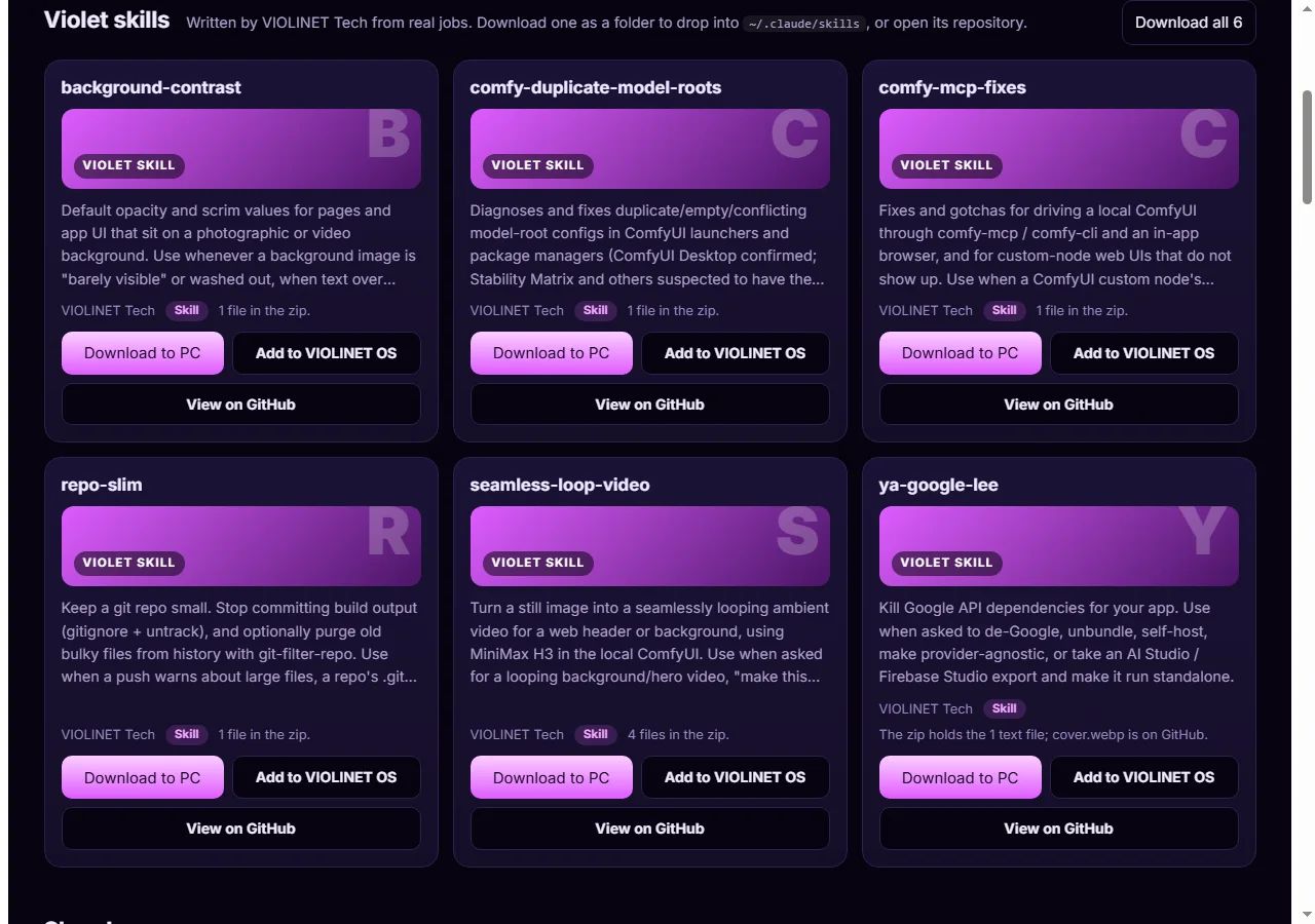Six Violet skill cards, each with Download to PC, Add to VIOLINET OS and View on GitHub buttons.